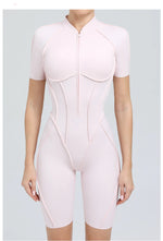Summer Zipper Workout Jumpsuit Sports Overalls Women Running Fitness Short Sleeve Yoga Bodysuit