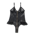 Black Sexy Lingeries Faux Leather Hollow Out Ruffled Lace Zipper Deep V-Neck Jumpsuits Adjustable Straps Elegant Women Bodysuits