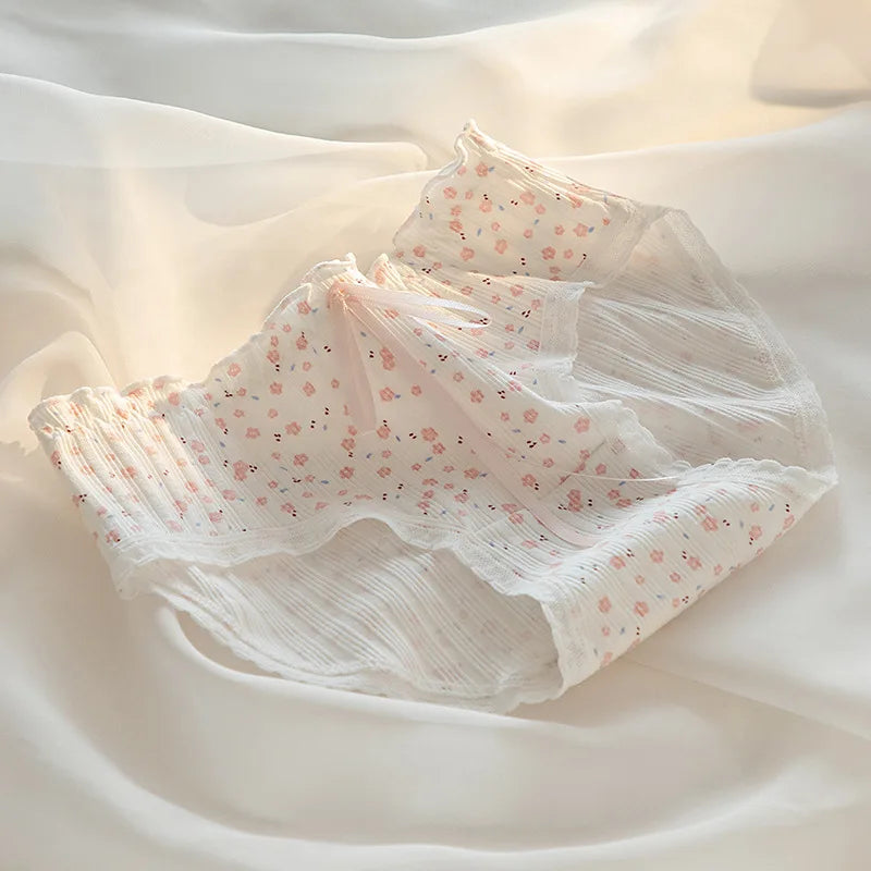 1 Pack Cotton Floral Print Ruffled Panties Women's Mid Waist Underwear Kawaii Briefs Cotton Lingerie Skin-friendly M-XL