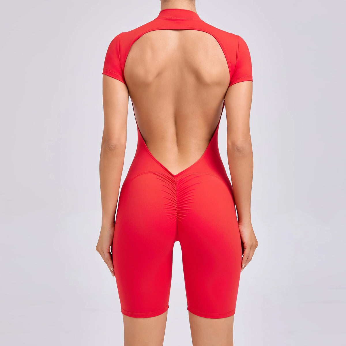 Padded Backless Yoga Cycling jumpsuitWomen Zipper GYM Sportswear Fitness One Piece Sports Suit V Back Workout Playsuit