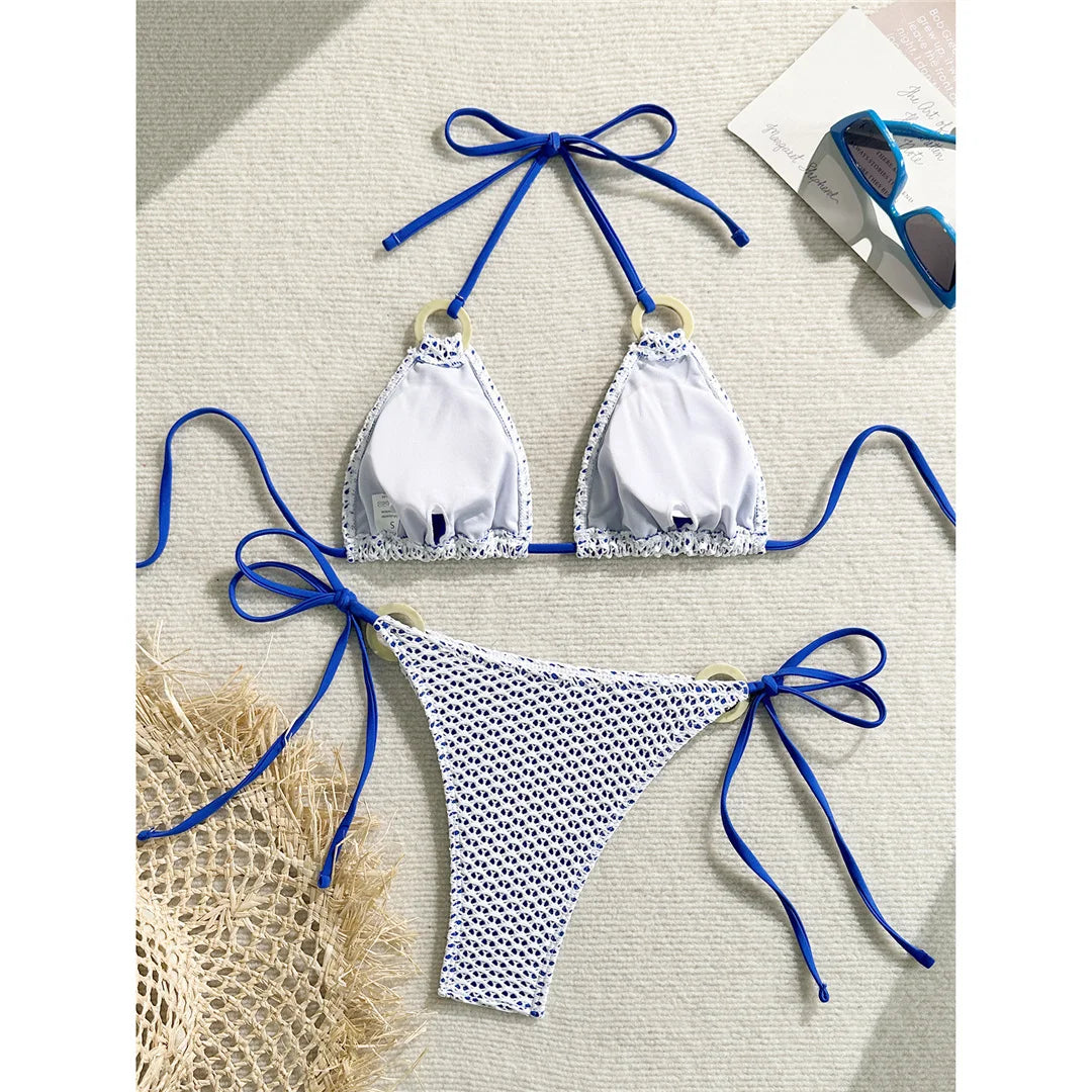Wrinkled Halter Two-Pieces Bikini Set Bikini Female Swimsuit Women Swimwear Strappy High Cut Leg Bathing Suit Bather Swim V7043