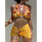 3D Flowers With Skirt Bikini Female Swimsuit Women Swimwear Halter Padded Bather Bathing Suit Swim Three-pieces Bikini set K8102