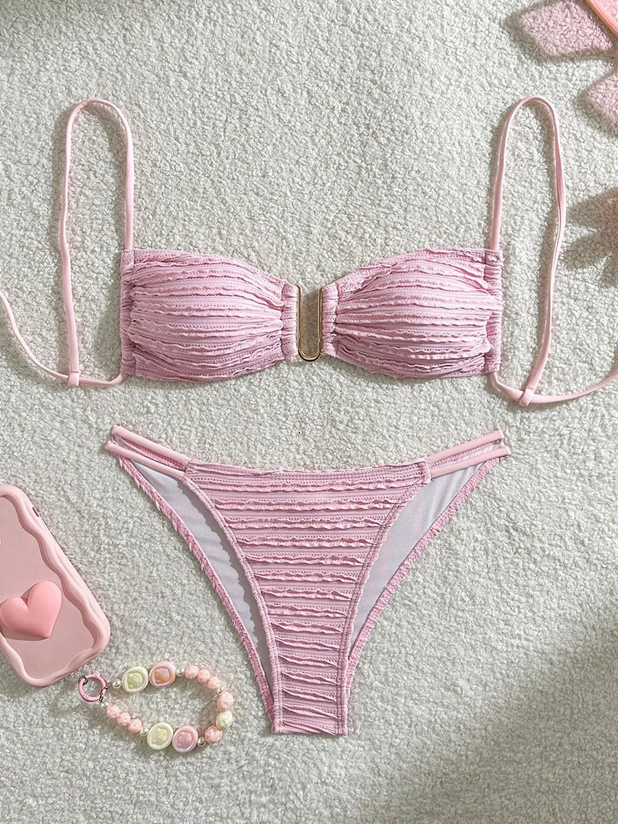 2026 Wrinkled U Ring Bandeau Bikini Women Swimwear Female Swimsuit Two-pieces Bikini Set Bather Pool Bathing Suit Swim Beachwear