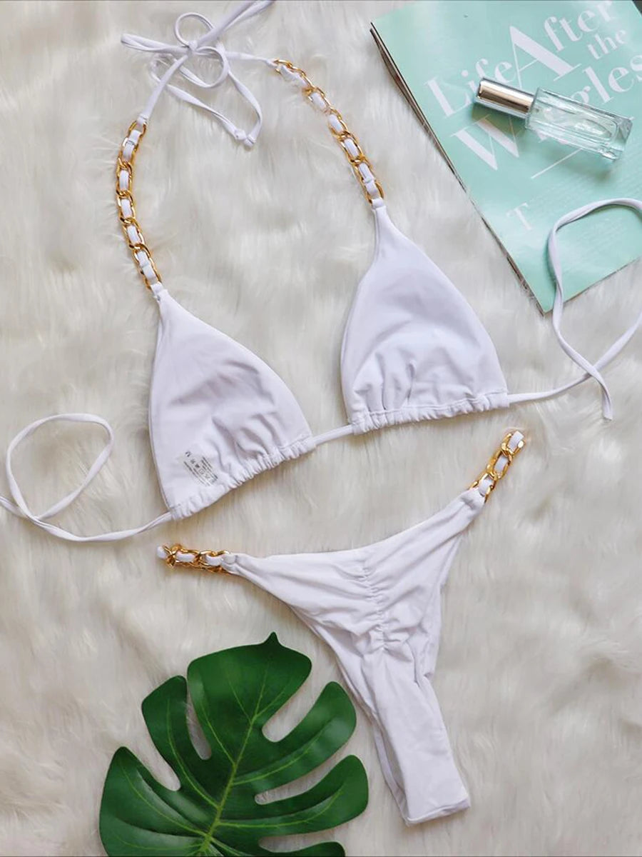Halter Metal Chains String Micro Thong Bikini Women Swimsuit Female Swimwear Two-pieces Bikini Set Brazilian Bathing Suit Swim