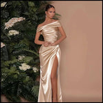 Elegant Satin Solid Color Off-Shoulder Women's Long Dress Sexy High-Waisted Flim Slit Pleated Dress for Lady Party Wedding