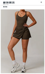 Summer Tennis Dress Women Sleeveless V Neck Slim Skirt Pleate Twisted Design Crossed Hollow Out Sports Yoga Golf Skirt Badminton