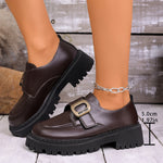 Women Buckle Platform Loafers PU Leather Slip On Chunky Lug Sole Round Toe Casual Office Daily Dress Shoes
