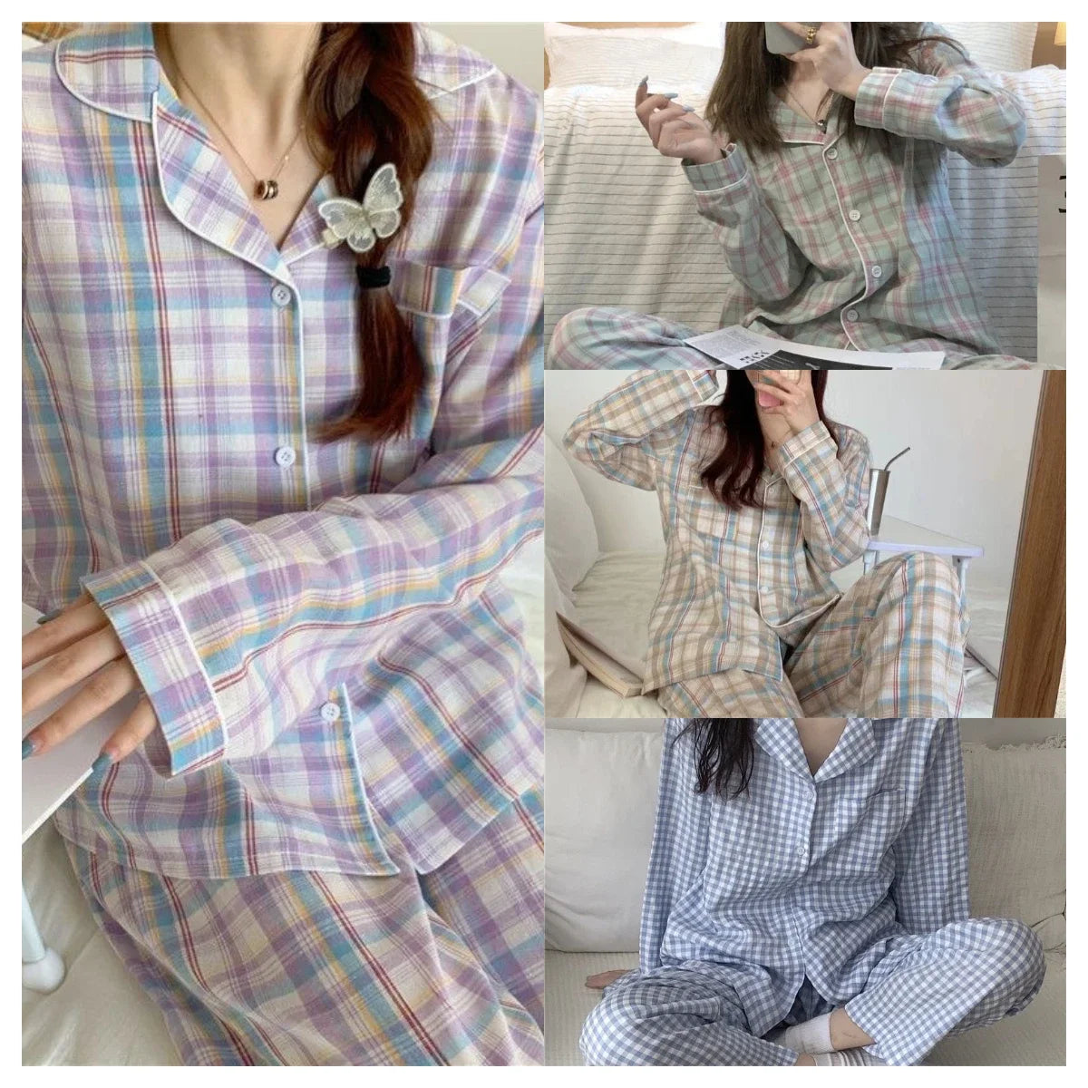 Pajamas Female Autumn and Winter Long-Sleeved Sweet Nightwear Homewear Two-Piece Set Women Plaid Casual Simple Sleepwear