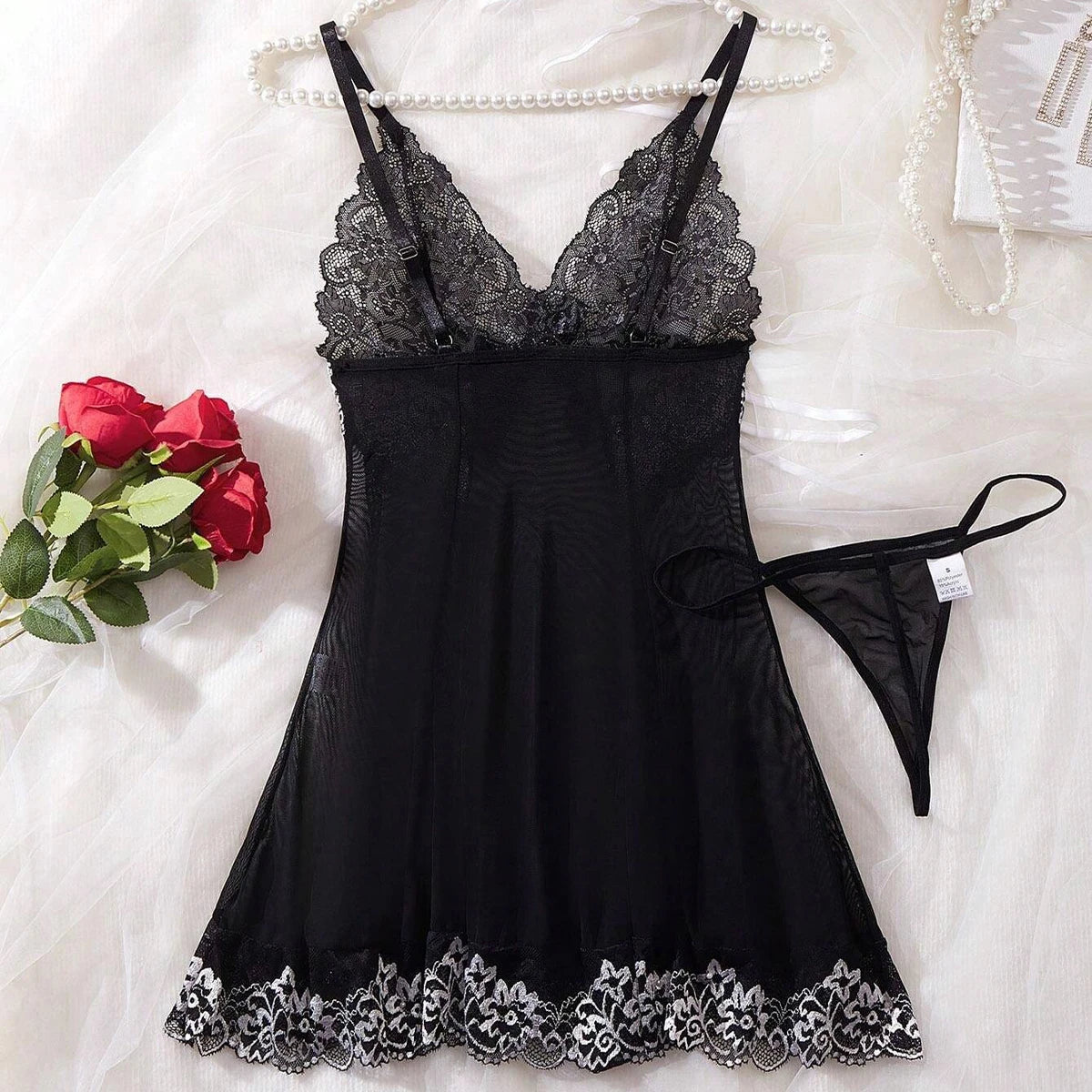 Black Lingerie Women Underwear Sleepwear Lace Nightdress And Thongs Pijamas Sets Female Nighty