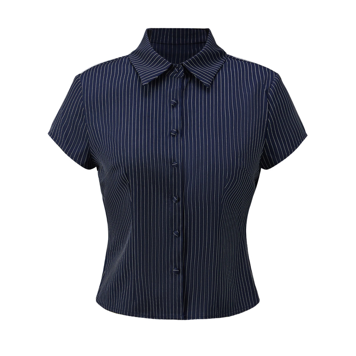 Women Button Down Slim Fit Striped Shirt Fashionable Summer Short Sleeve Turn Down Collar Tops for Casual Daily Wear