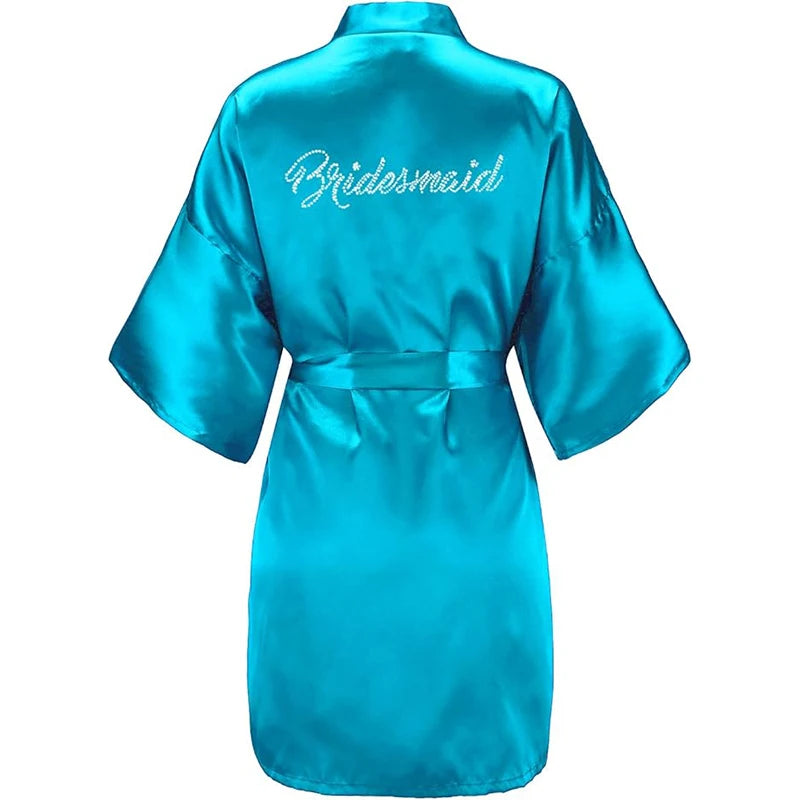 Women's Satin Kimono Robes with Rhinestones Bride Bridesmaid Short Getting Ready Wedding Dressing Gown
