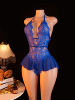 Pink Sexy Lace Bodysuits Crotchless Deep V Open Teddy Babydoll Sheer Sleepwear Elegant & Seductive Erotic Lingerie For Women