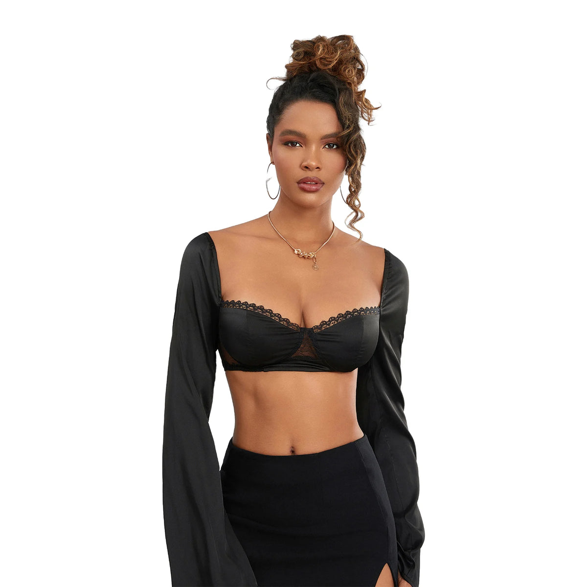Women Long Sleeve Crop Tops Mesh Lace Trim Sweetheart Neckline Tie-Up Backless T-Shirts Spring Fall Slim Fit Shirts Streetwear
