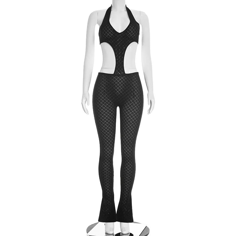 Sexy hot girl solid color see-through slim fit knitted deep V jumpsuit