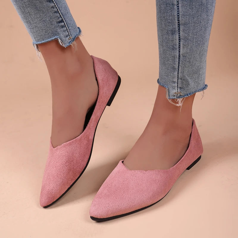 Women Suede Pointed Toe Flat Shoes V‑Cut Slip On Soft Sole Large Size Multi‑Color Casual Comfort Dress Daily Office Ballet Flats