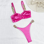 Sexy Rose Red Satin Swimwear Women Bandeau Metal Ring Bikinis Sets Swimsuit High Cut Bathing Suit Thong Bikini 2026 Mujer Bather