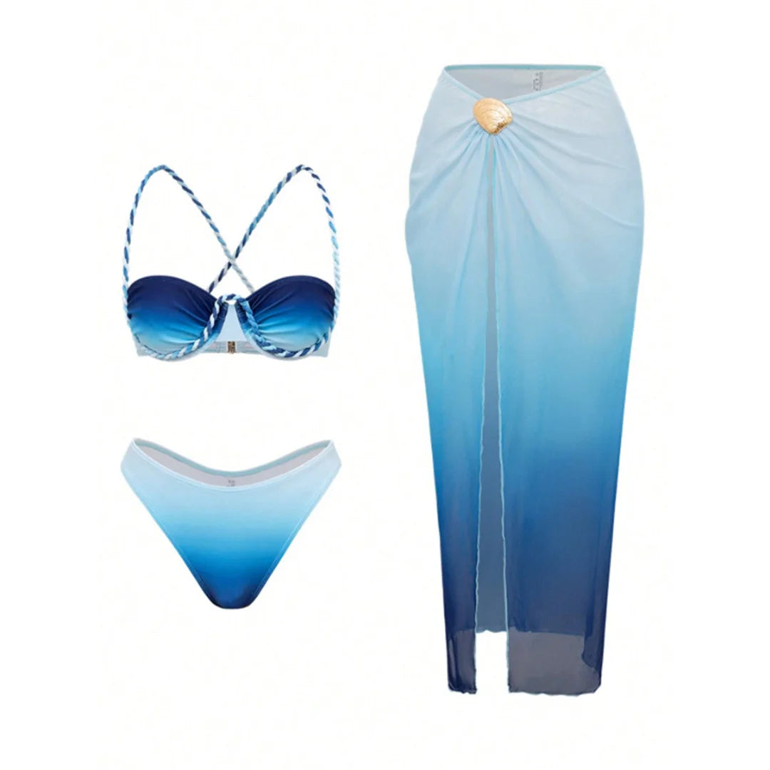 S - XL 3PCS With Skirt Underwired Bikini Female Swimsuit Women Swimwear Three-pieces Bikini set Bather Bathing Suit Swim V8080