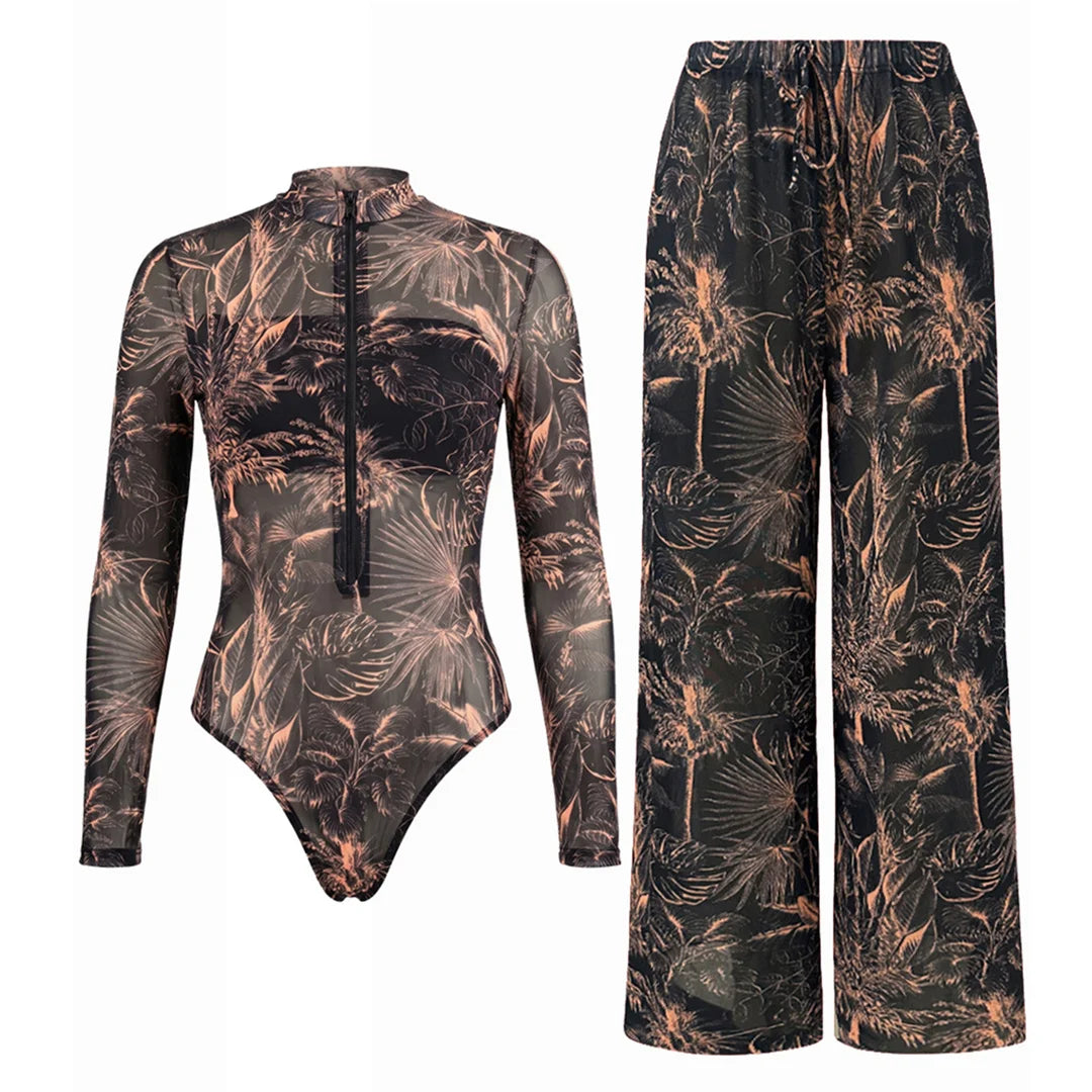 S - XXL New Leaves Printed Long Sleeve With Zipper Pants One Piece Swimsuit Women Swimwear Female Bather Bathing Suit Swim V8355