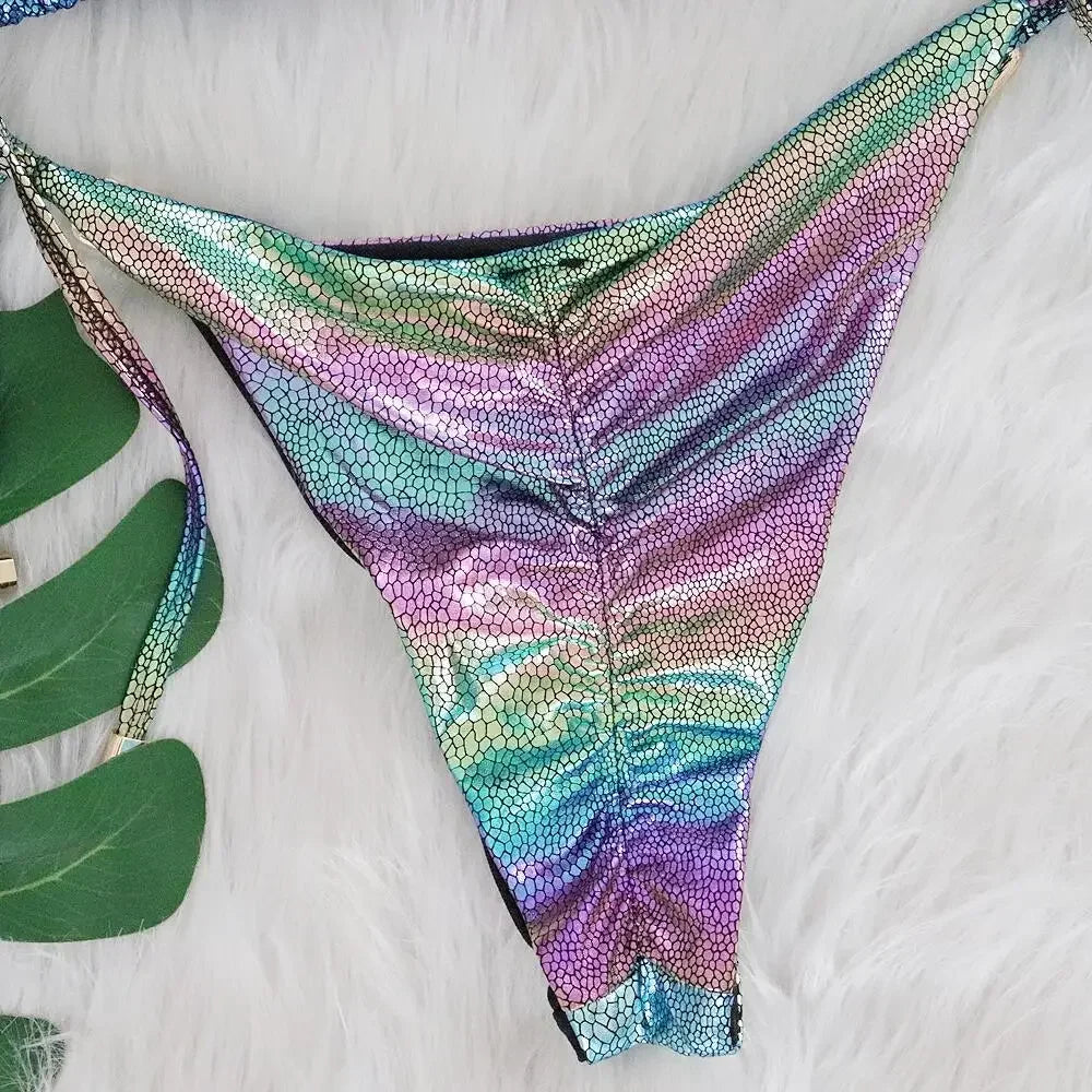 Sexy Purple Gradient Laser Bikini Set Women Shiny Snakeskin Push Up Swimsuit 2025 Luxury Rhinestone Bathing Suit Thong Swimwear