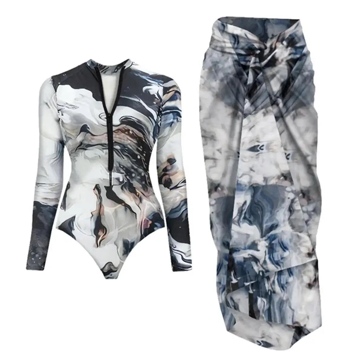 Black And Printed Long Sleeve Swimsuit With Cover Up Sexy Swimwear Women Surf Swim Suit Slimming Bathingsuit Bodysuit Beachwear