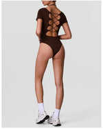 Summer Women's Cross Hollow Back Yoga Jumpsuit Short Sleeved Slimming Sports Overalls High Stretch Push Up Fitness Bodysuit