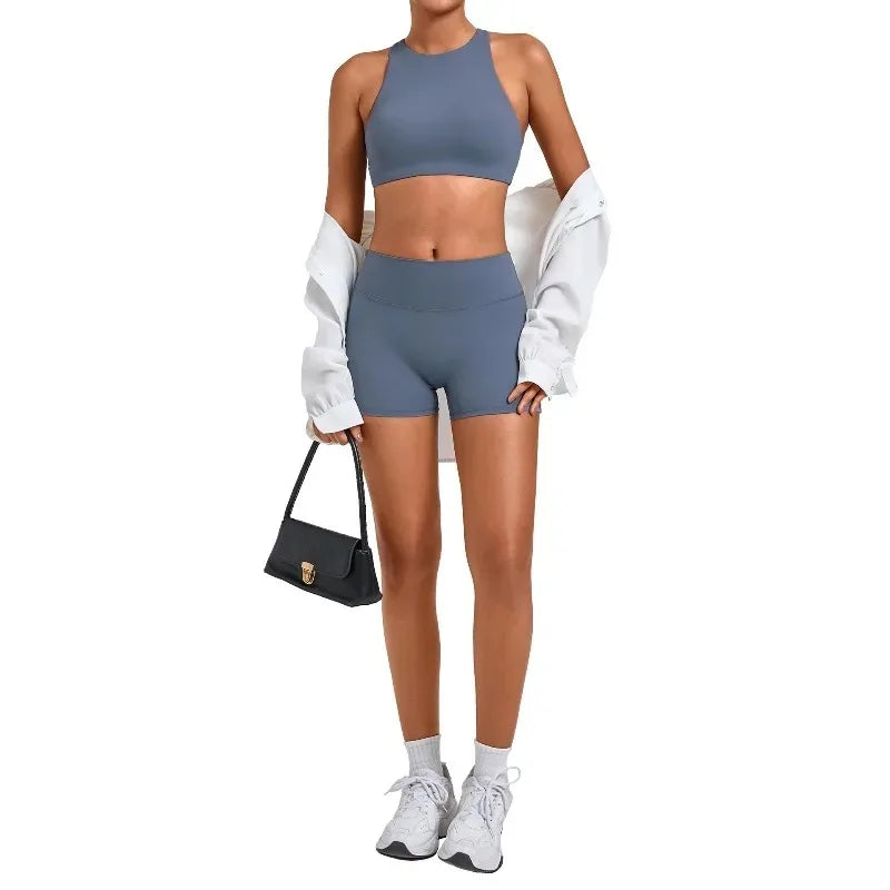 Women's Nude Yoga Sets Sports Cross Beauty Back Bra Hip-lifting Slim Fit Shorts Suits Running Fitness Workout Gym Sets