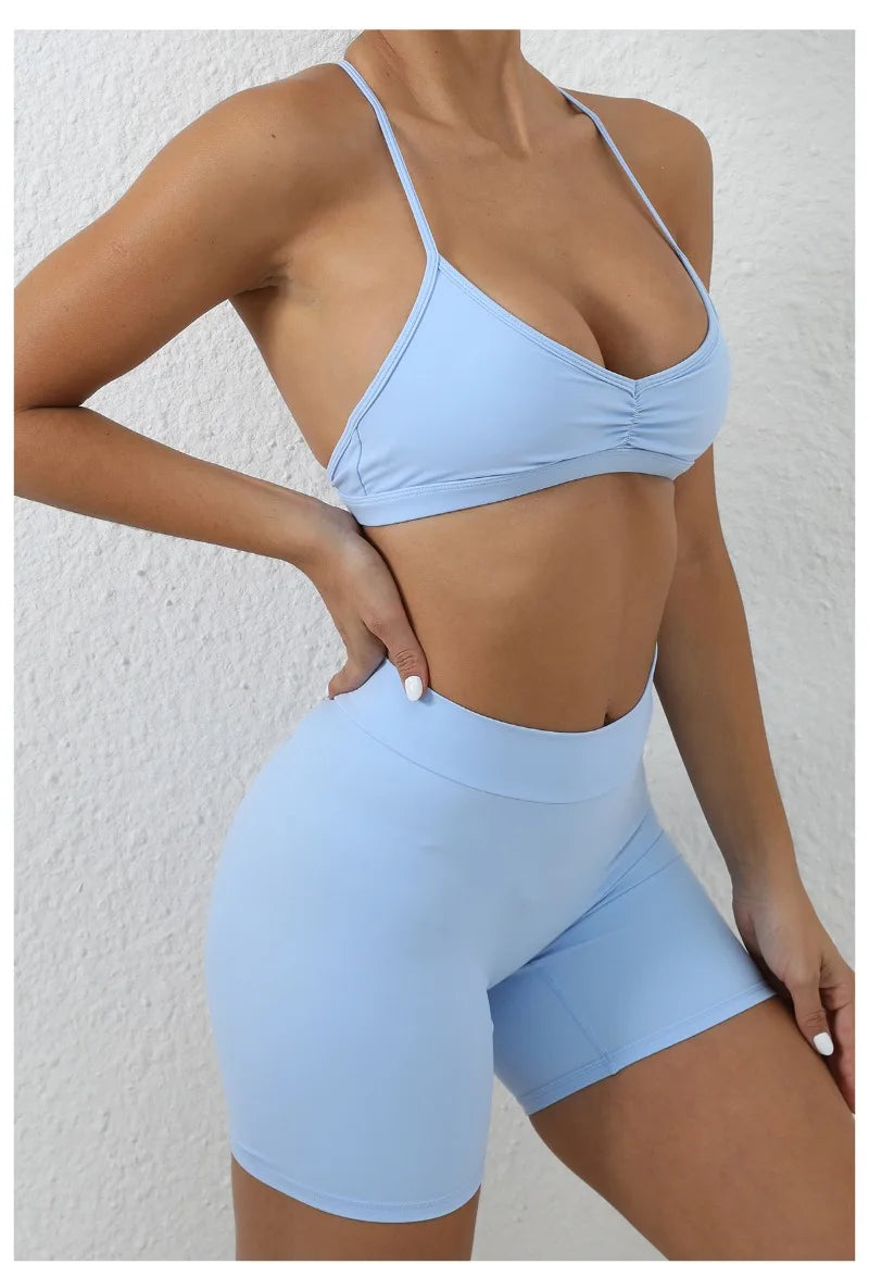 Women's 2-Piece Yoga Sets High Waist Seamless ShortsHip-Lifting & Backless Gym Leggings Quick Dry Workout Fitness Suits
