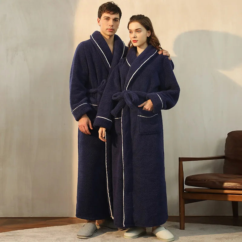 Men's and Women's Styles Winter Bathrobe Long Sleeve Warm Turn Down Collar Fluffy Bath Robe with Sashes Solid Fleece Gown 2025
