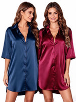 Women Sleepwear 2 Sets Nightshirt Simple Satin Shirt Dress Collared 3/4 Sleeve Button Down Loose Sexy Ladies Night Loungewear