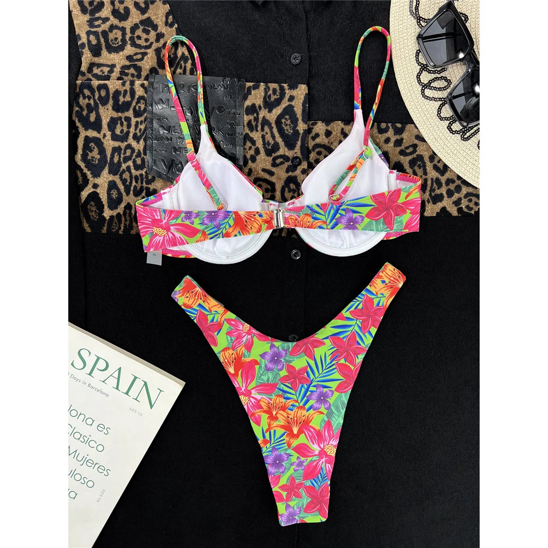 Flowers Printed Underwired Brazilian Bikini Female Swimsuit Women Swimwear Two-Pieces Bikini Set Bather Bathing Suit Swim V4762