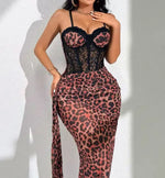 Sexy Leopard Print Women Sling Dress Fish Bones Tummy Slim Belly Lingerie Lace Hollow Temptation Body Shaper Long Style Dresses