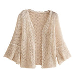3/4 Sleeve Hollow Out Open Front Sheer Sweater Crochet Cardigan for Women Lightweight Boho Summer Beach Knit Shrug