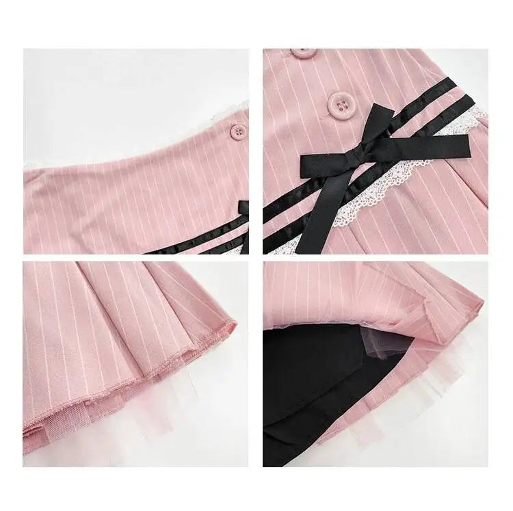 Striped Contrasting Color Bow Lace Splicing Pleated Skirt Women 2026 Summer American Style Low WaistA-line Short Skirt UBFK