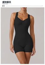 Cross Exposed Back Shaping Nude Yoga Jumpsuit Women Summer Sleeveless Pleate Slim Hip Lifting Short Sport Fitness One Piece Suit