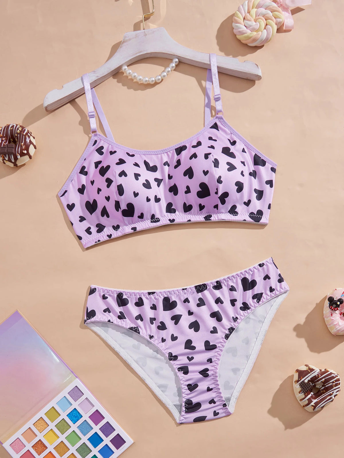 Purple Heart Print Teen Girls Bra Set Wireless Padded Bra and Soft Panties Adjustable Straps Soft Lingerie