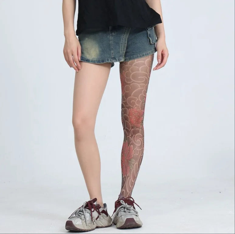 Peony Flower Leg Tattoo Stockings Summer Thin Pantyhose Long Socks With Patterns On One Side And Solid Color On The Other NTNG