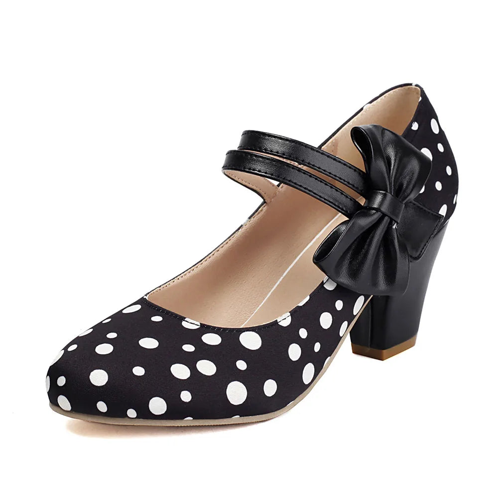 Plus Size 33-48 Sweet Polka Dot Mary Jane Heels Shoes Women Pink Blue Side Bow Tie Round Toe Chunky Block Heel Cute Lolita Pumps