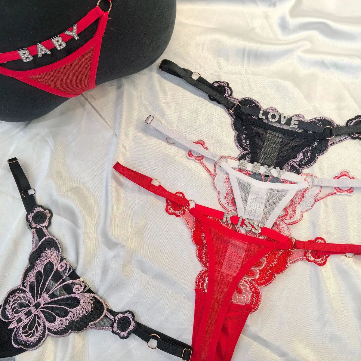Adjustable Rhinestone Letters Sexy Panties Temptation Butterfly Thong Women Underwear G-string Hollow Out Breathable Lingerie
