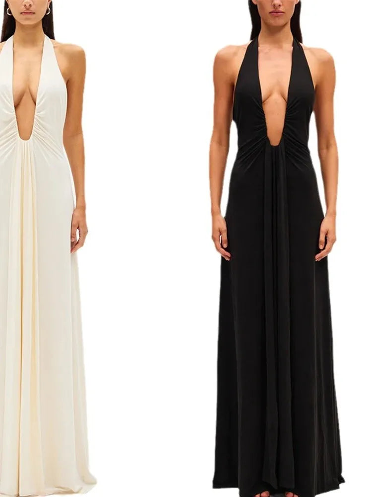 Sexy Deep V Halter Neck Long Dress Women Elegant Bandage Patchwork Luxury Evening Dresses Solid Color Hot Girls Party Vestidos
