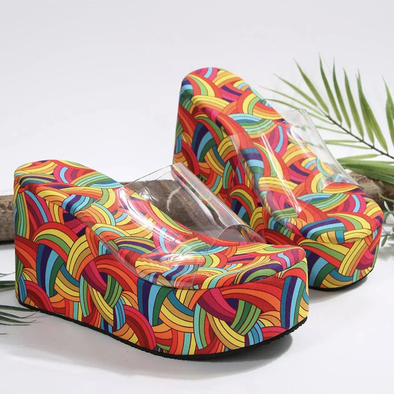 Summer Transparent Platform Heels Slippers for Women Mixed Color Wedge Slippers Woman Outdoor Open Toes Woman Slides