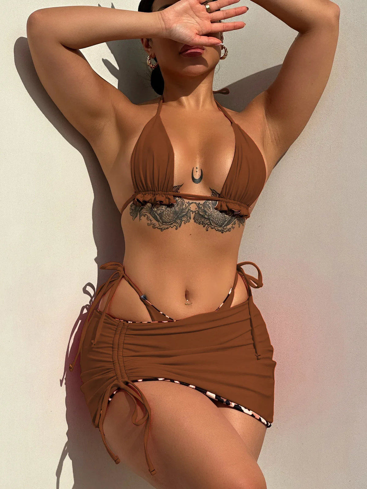 2026 Summer Leopard Print 3 Pieces Suit Swimwear Reversible Sexy Halter Lace-up Bikini Set Drawstring Skirt Cover Up Beachwear
