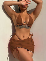 2026 Summer Leopard Print 3 Pieces Suit Swimwear Reversible Sexy Halter Lace-up Bikini Set Drawstring Skirt Cover Up Beachwear
