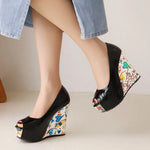 2026 New Big Size 33-43 Summer White Bohemian Graffiti Platform Pumps Slip On Black Red Chunky High Heels Wedges Shoes Women