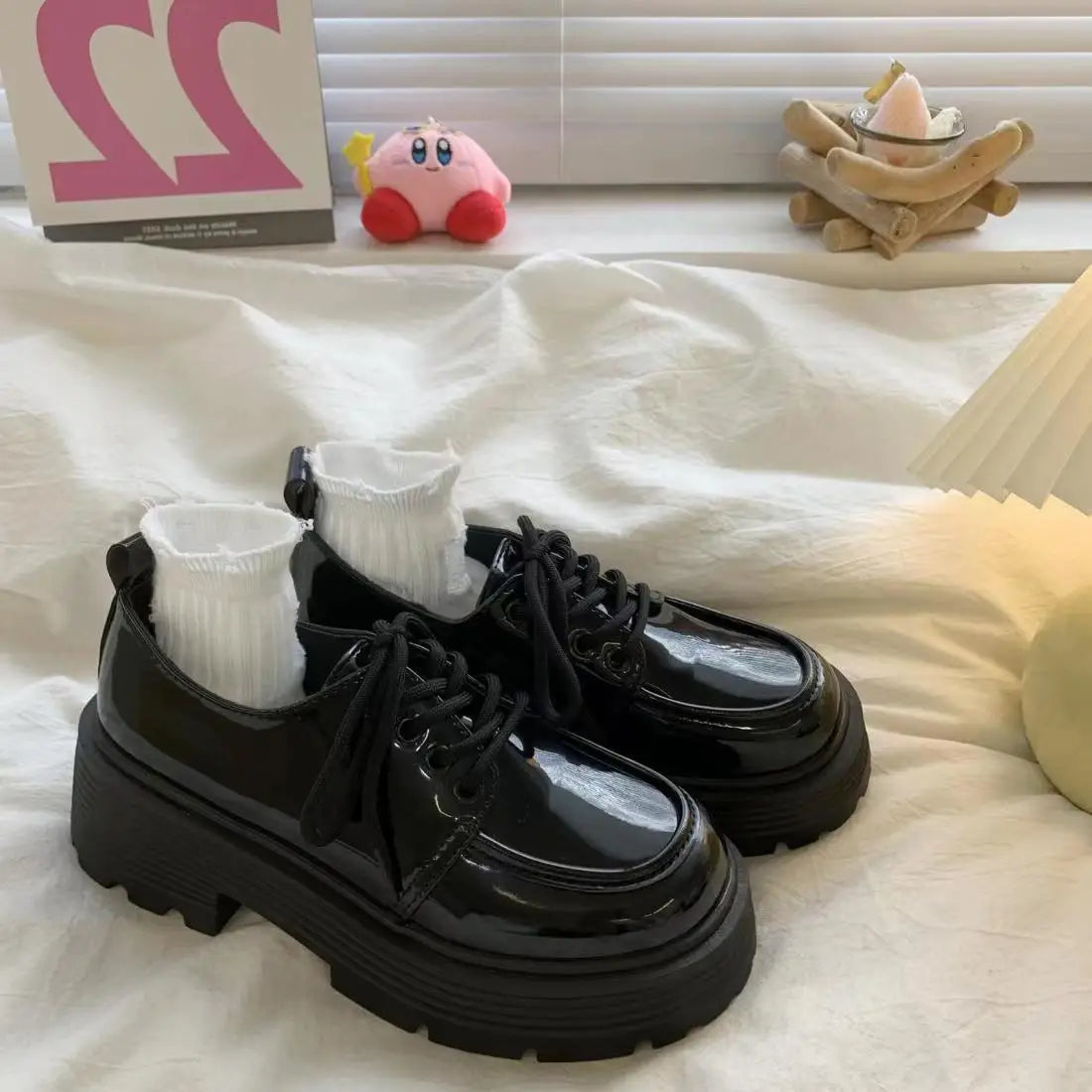 Women's Platform Oxford Shoes, Lace Up Thick Sole Preppy Dress Shoes, Black Round Toe Casual Leather Shoes for School Daily Wear