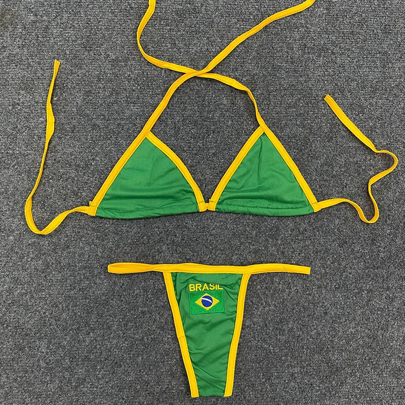 Sexy Spicy Girls Contrast Color Split Two Piece Y2K Europe America Slim Fashion Flag Printed Dopamine Bikini Beach Holiday Suit