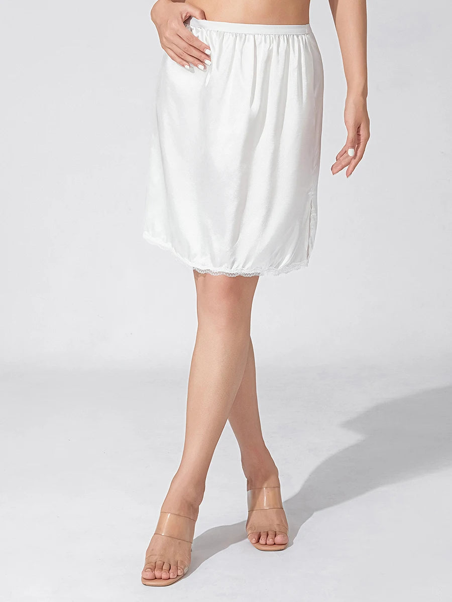 Women's Solid Color Skirts Elastic Waist Satin Underskirt Lace Trim Skirt for Under Dresses Black/White