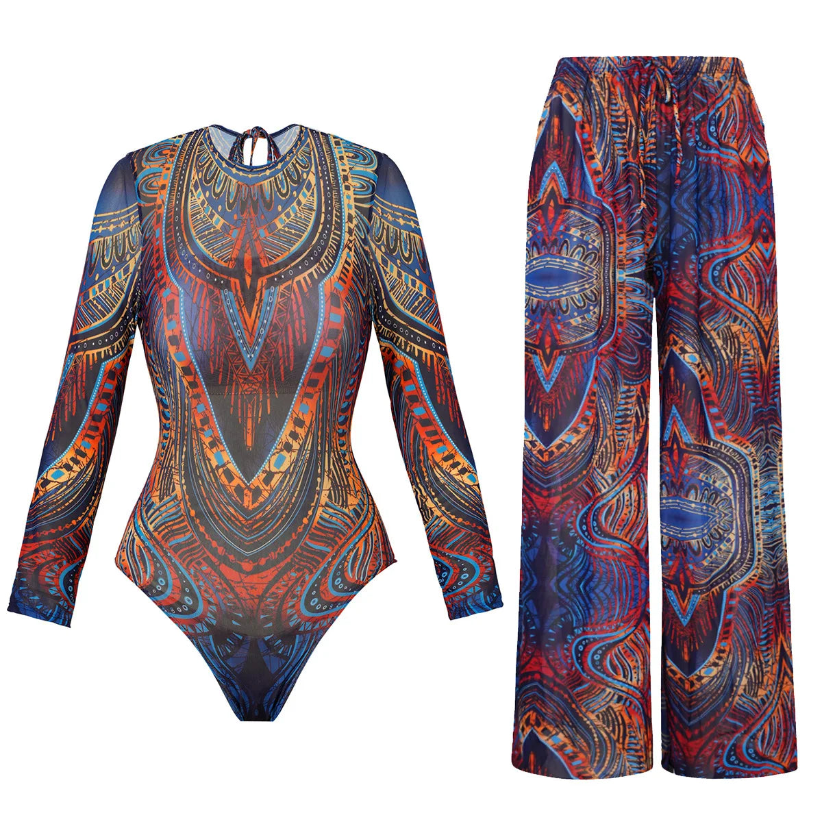 2025 Mesh Swimsuit with Long Pants High Waist Sexy Bathing Suit Swimdress Long Sleeve Beachwear Smart Casual Clothing for Women