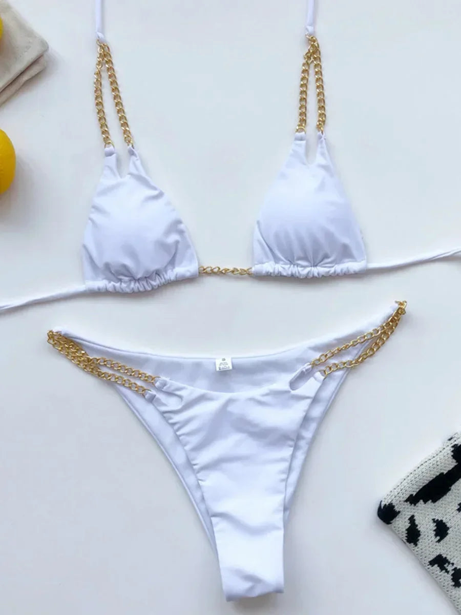 Sexy Cow Print Halter Metal Chains Brazilian Bikini Women Swimsuit Female Swimwear Two Pieces Bikini Set Bathing Suit Swim Lady