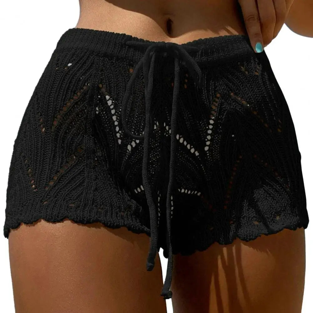 Women Beach Shorts Hollow Out Knitted Lace Drawstring Elastic Waist Soft Breathable Loose High Waist Summer Bikini Shorts