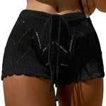 Women Beach Shorts Hollow Out Knitted Lace Drawstring Elastic Waist Soft Breathable Loose High Waist Summer Bikini Shorts